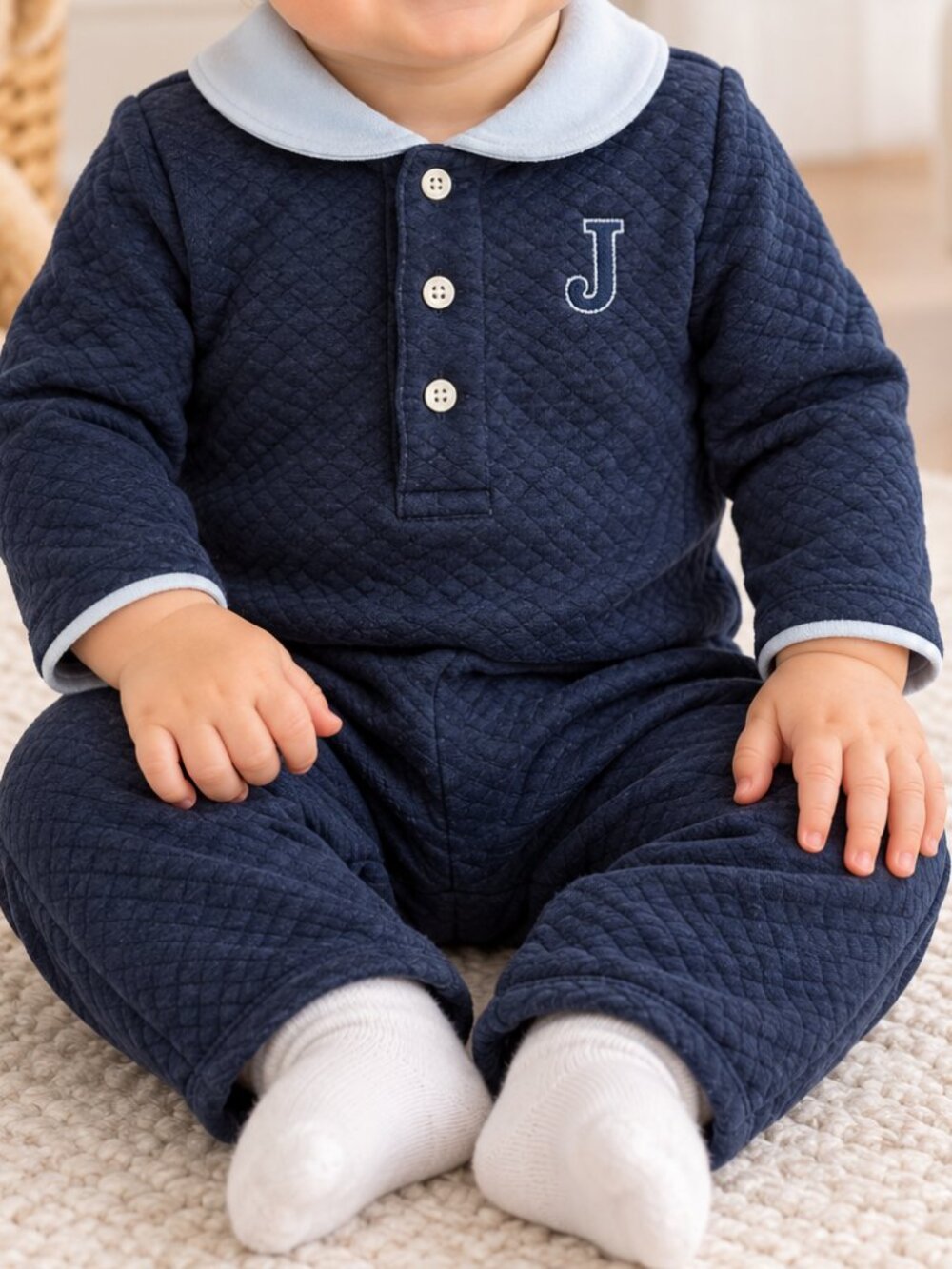 Navy quilted Janie and Jack baby sleeper romper 6-12m